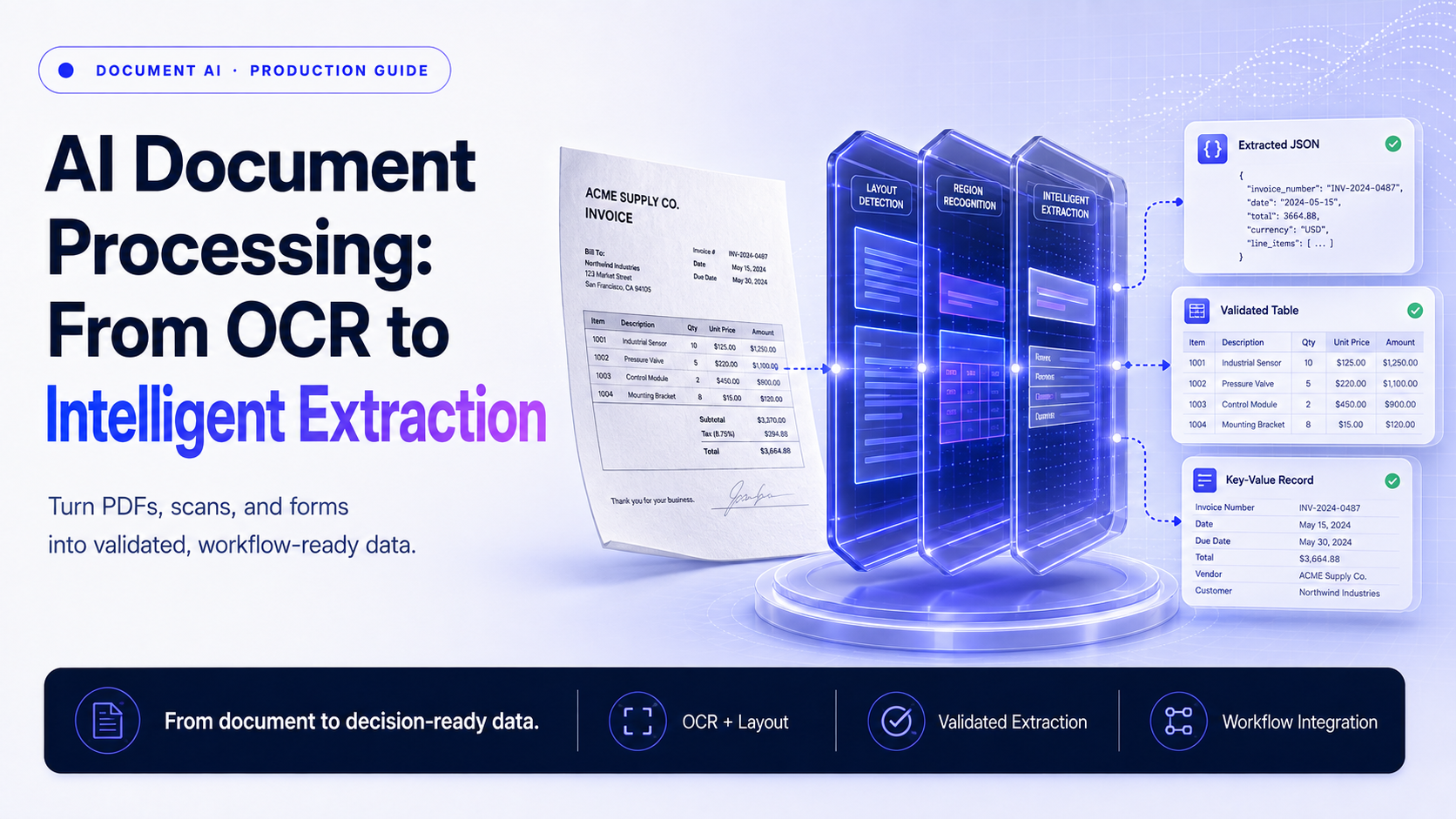 Document intelligence pipeline showing ingestion, OCR, layout analysis, field extraction, validation, human review, and downstream workflow integration