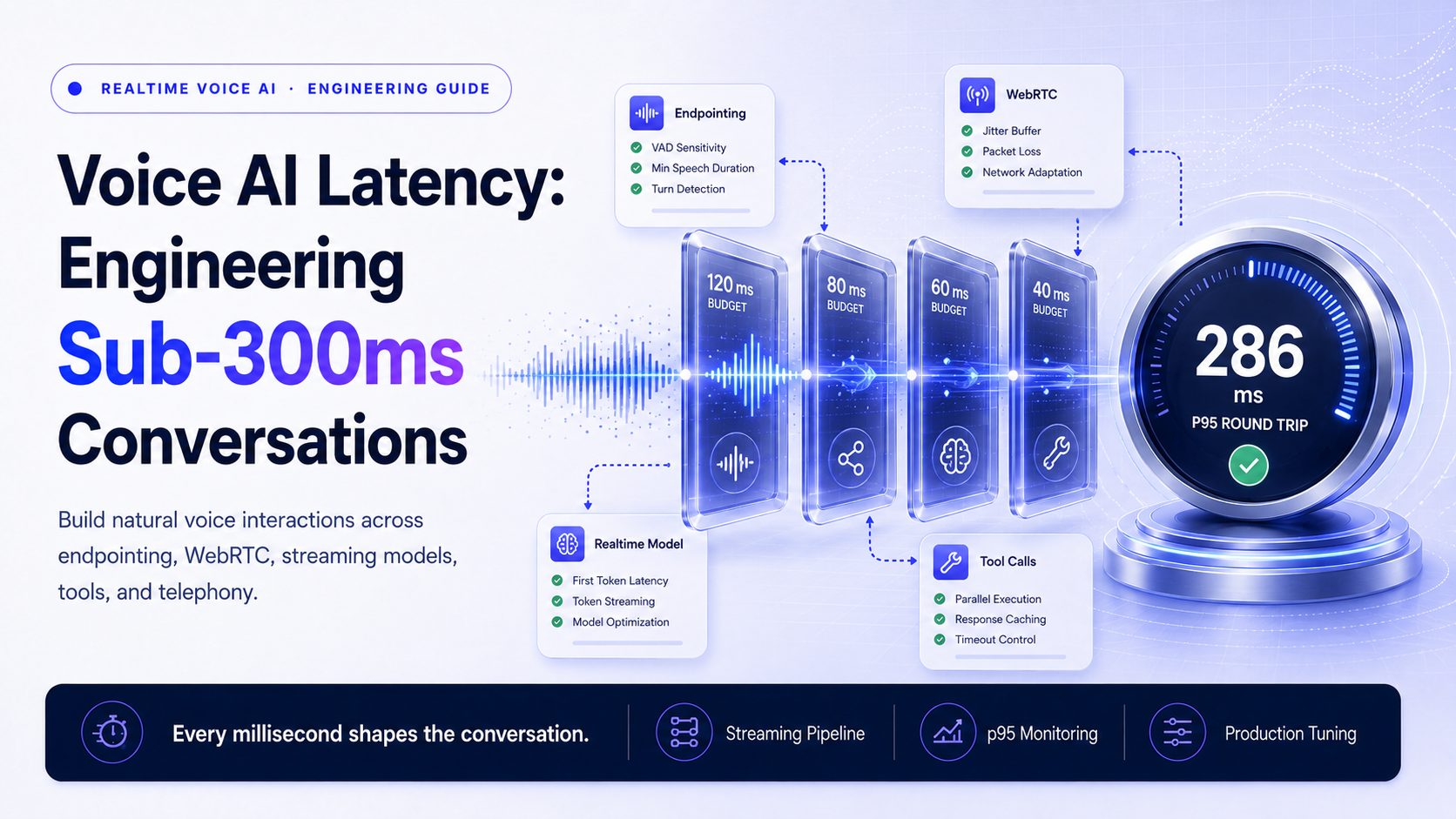 Voice AI latency control plane showing audio capture, endpoint detection, network transport, model reasoning, tool calls, and audio playback