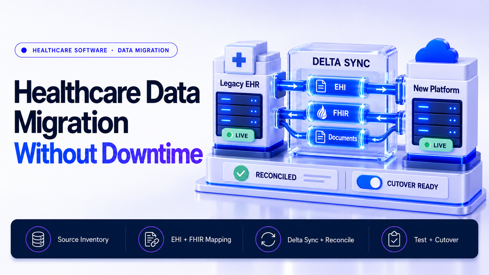 Healthcare data migration architecture showing legacy EMR export, staging, patient identity mapping, validation, delta synchronization, cutover, reconciliation, and rollback